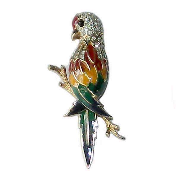 Enameled parrot brooch