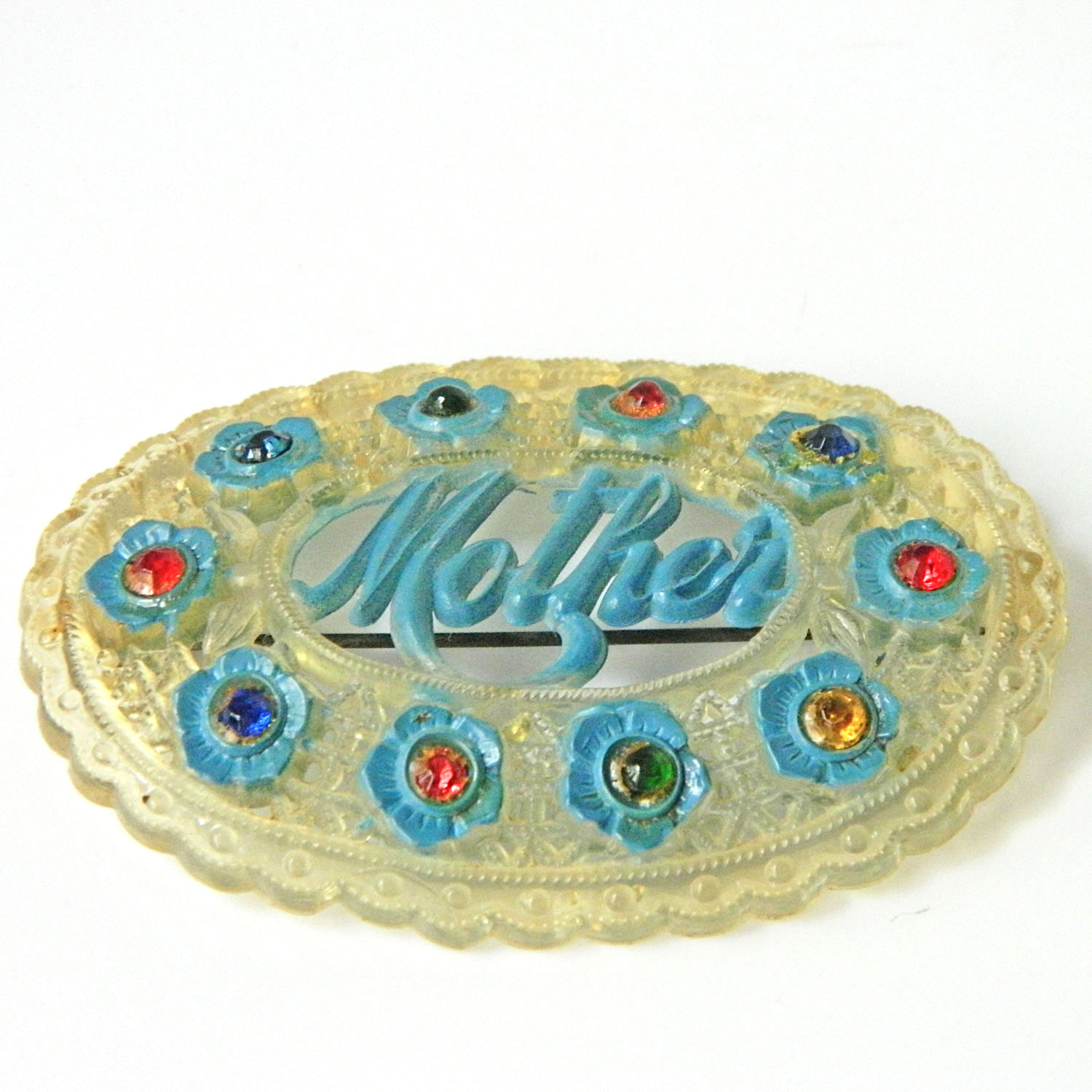 1930s celluloid rhinestone Mothers brooch