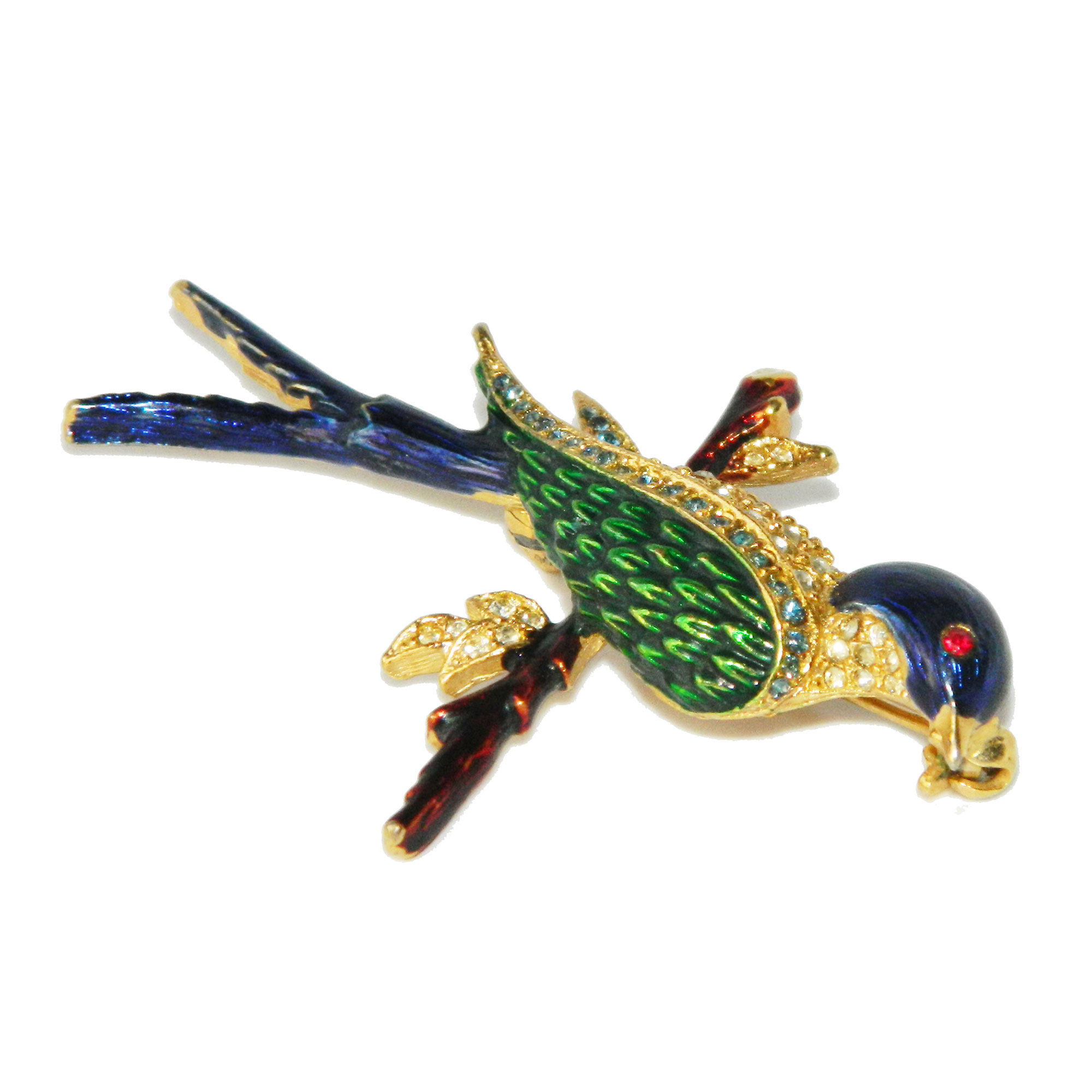 Enameled rhinestone bird brooch