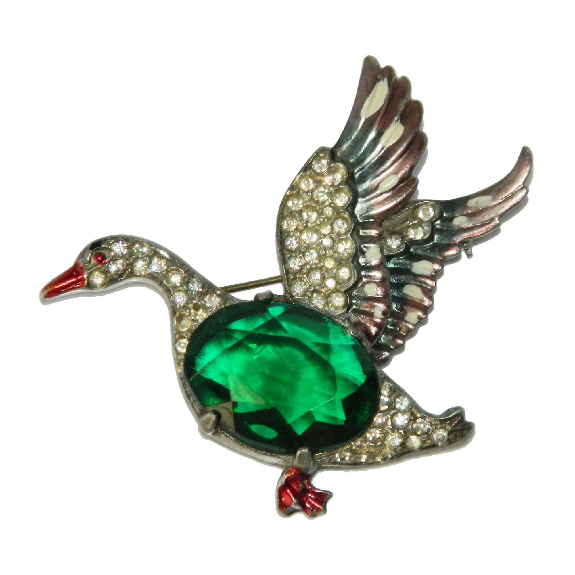 1940s mallard duck rhinestone brooch