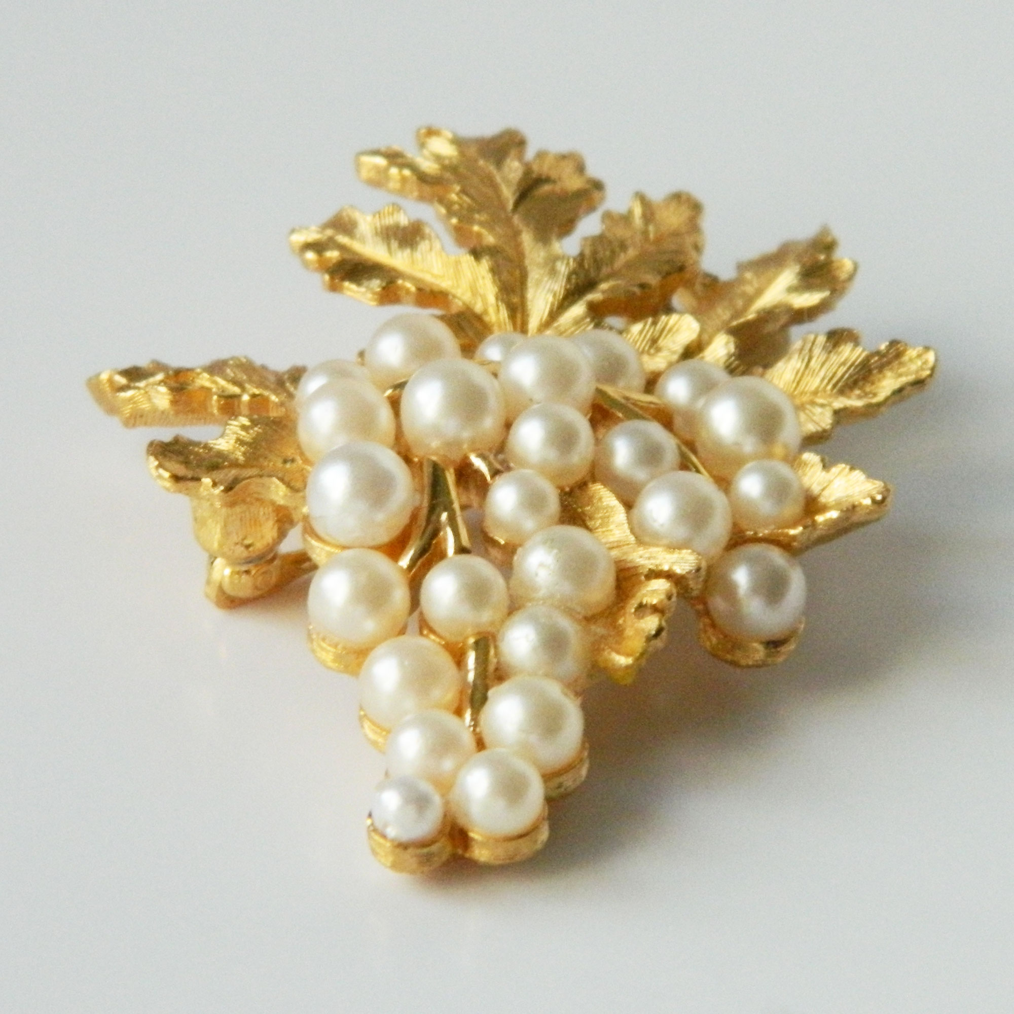 Crown Trifari faux pearl grapes brooch