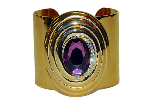Vintage gold tone cuff bracelet with purple stone
