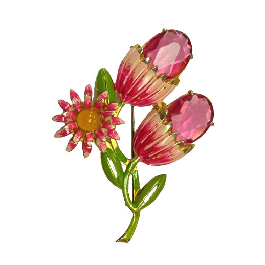1940's enameled pink rhinestone flower brooch