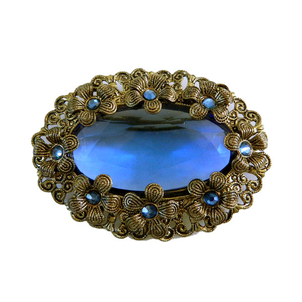 Blue rhinestone flower brooch