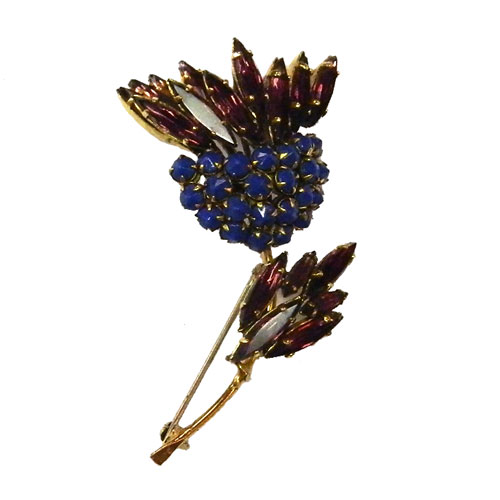 1950's purple and blue rhinestone flower brooch