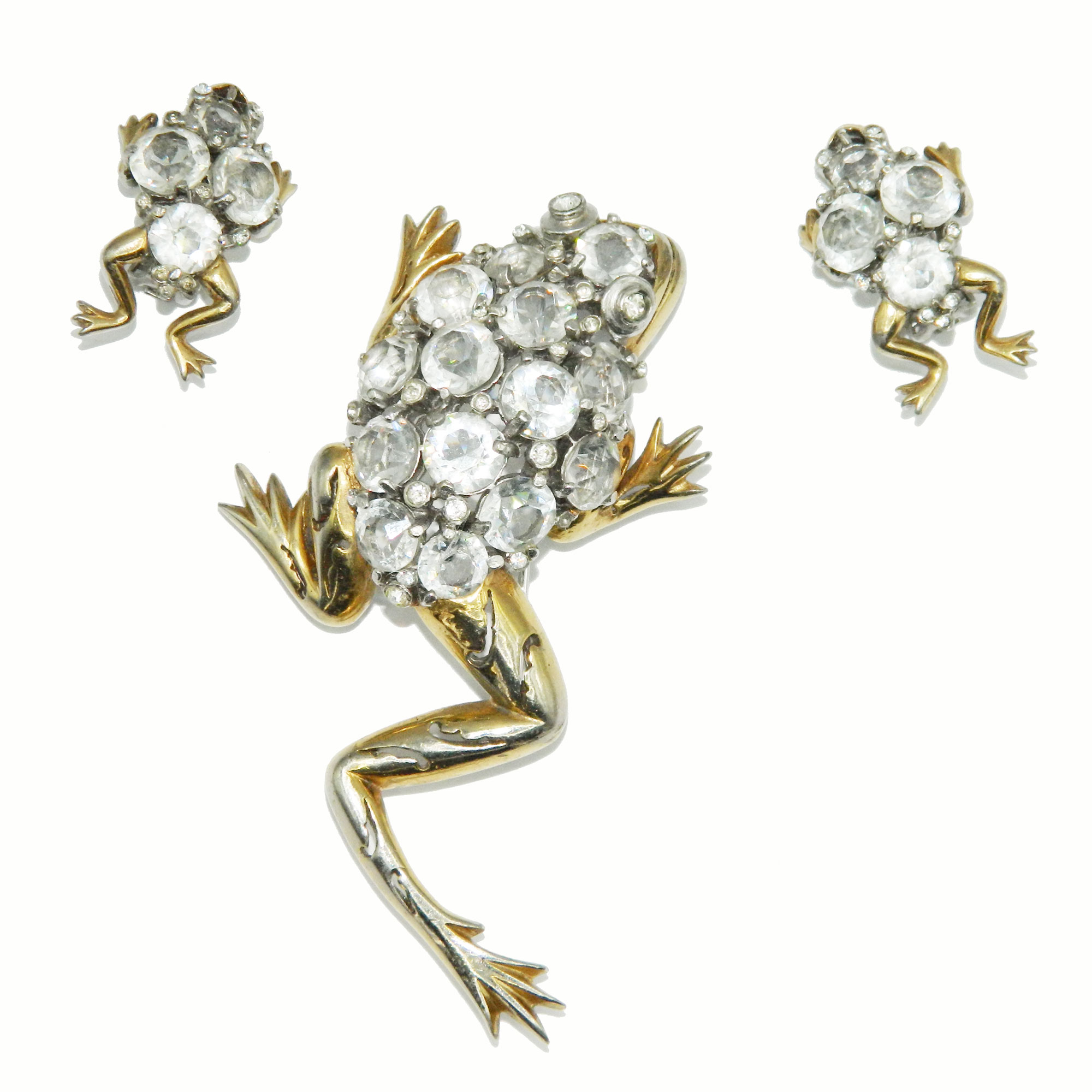 1940s Reja rhinestone frog brooch and earring set