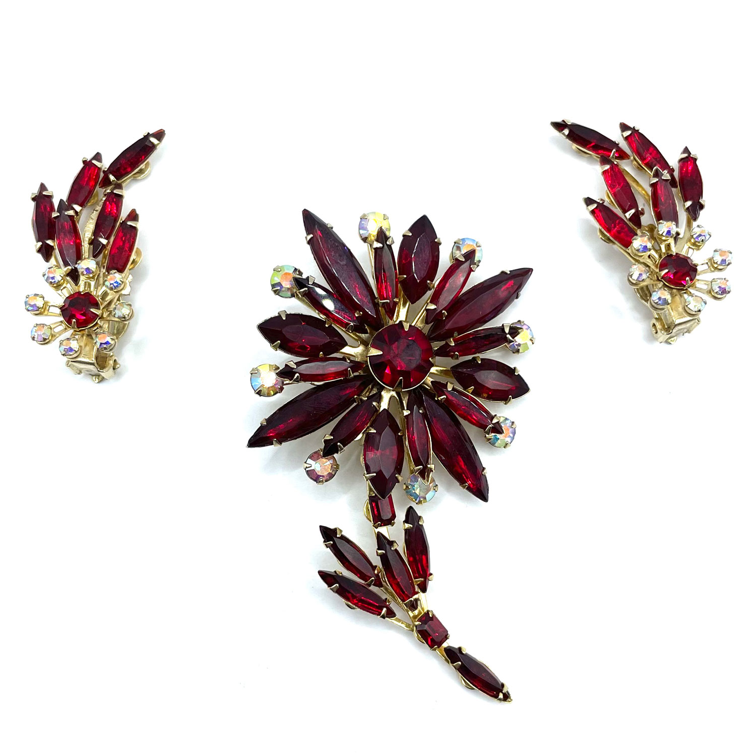 1960s scarlet red flower brooch and earring set
