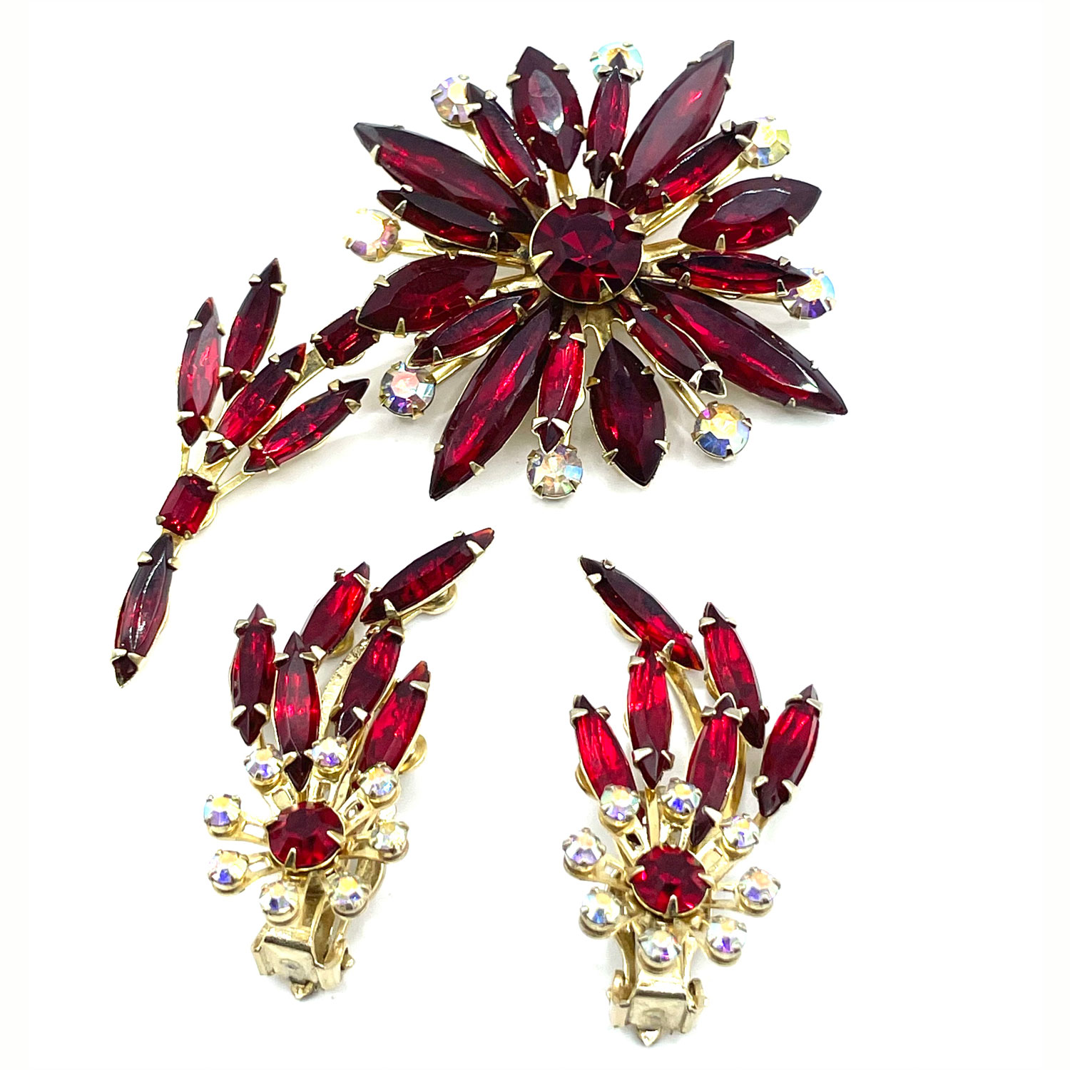 1960s scarlet red flower brooch and earring set