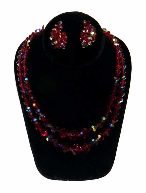 1950's Laguna red aurora borealis crystal necklace and earring set