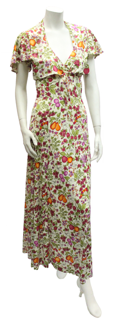 vintage 1970's fruit print long summer halter dress