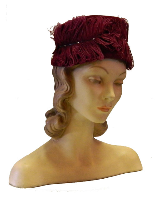 1960's burgundy velour feather hat
