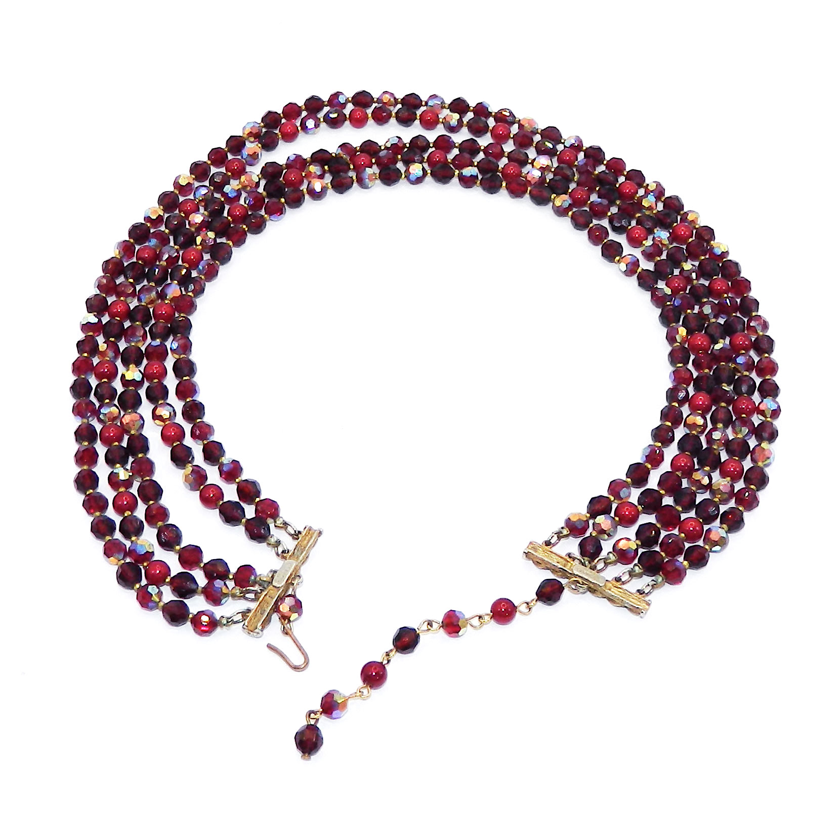 1950s Alice Caviness Quintuple Strand Red Beaded Necklace 