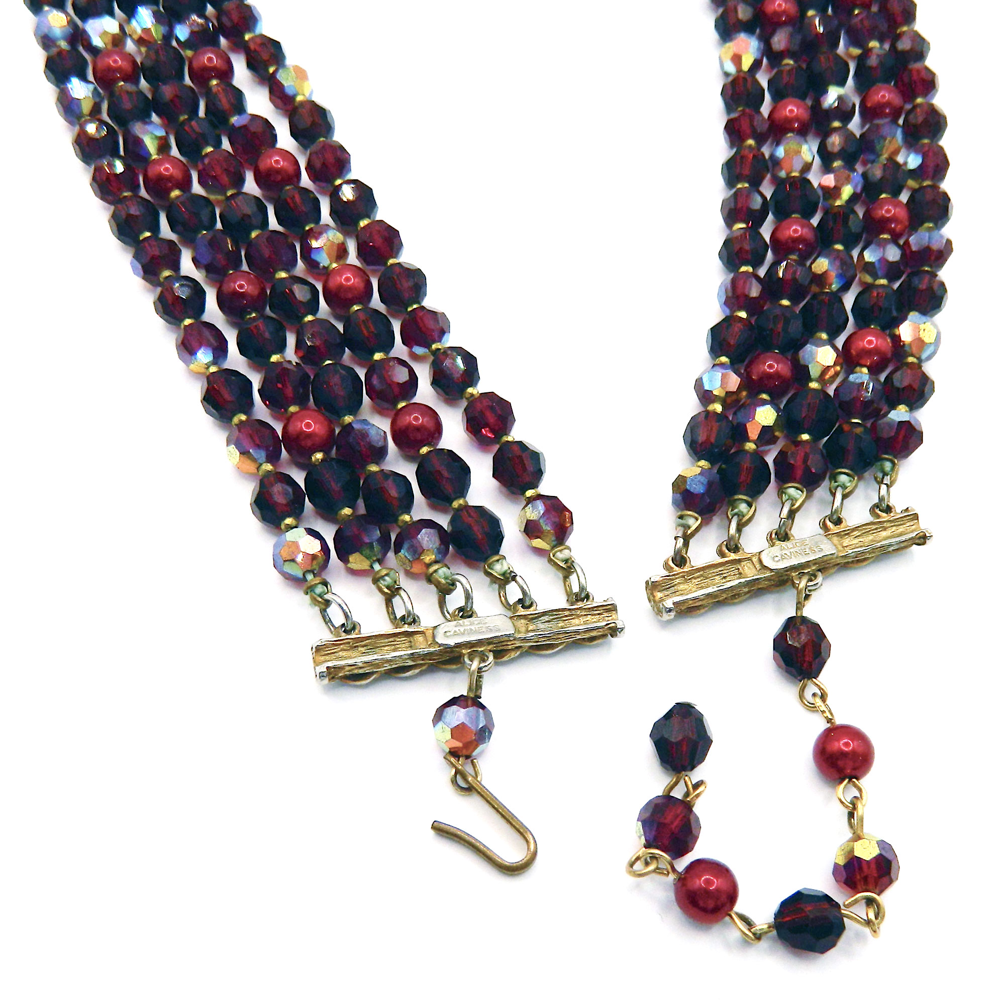 1950s Alice Caviness Quintuple Strand Red Beaded Necklace 