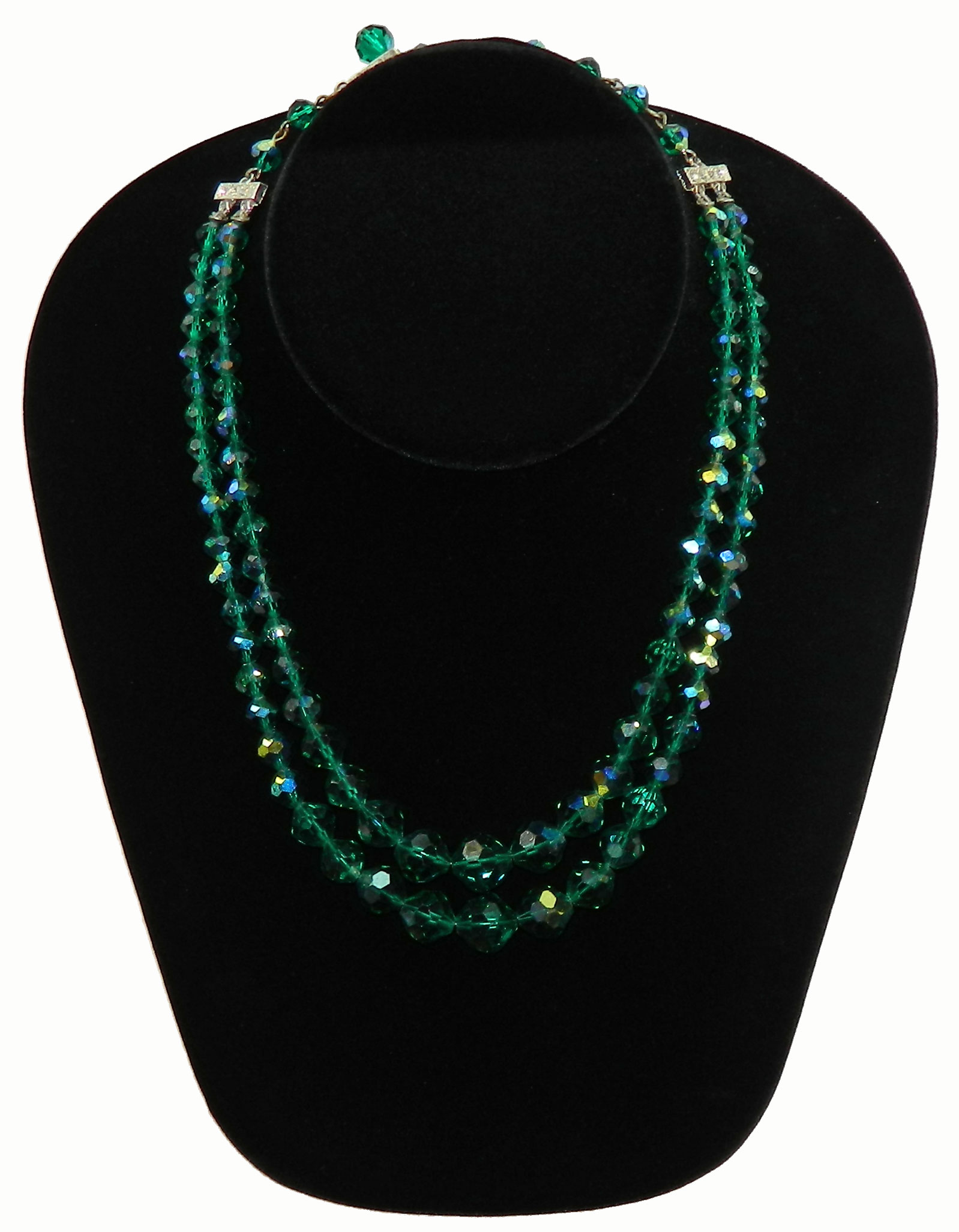 1950s Double Strand Green Aurora Borealis Beaded Necklace 
