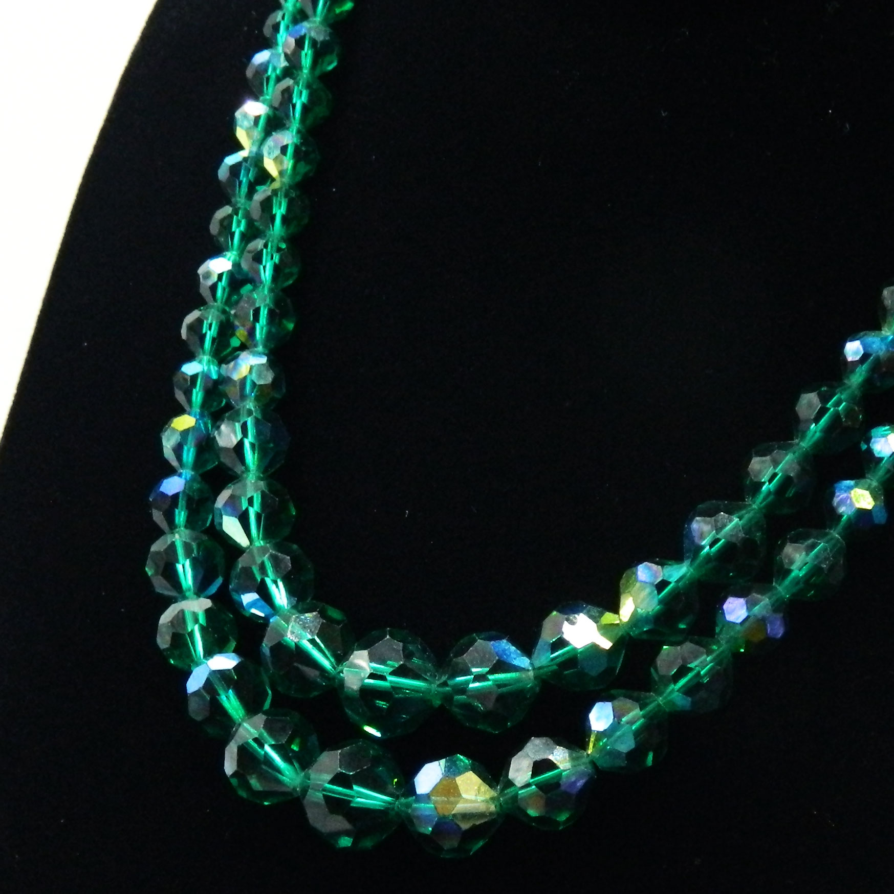 1950s Double Strand Green Aurora Borealis Beaded Necklace 