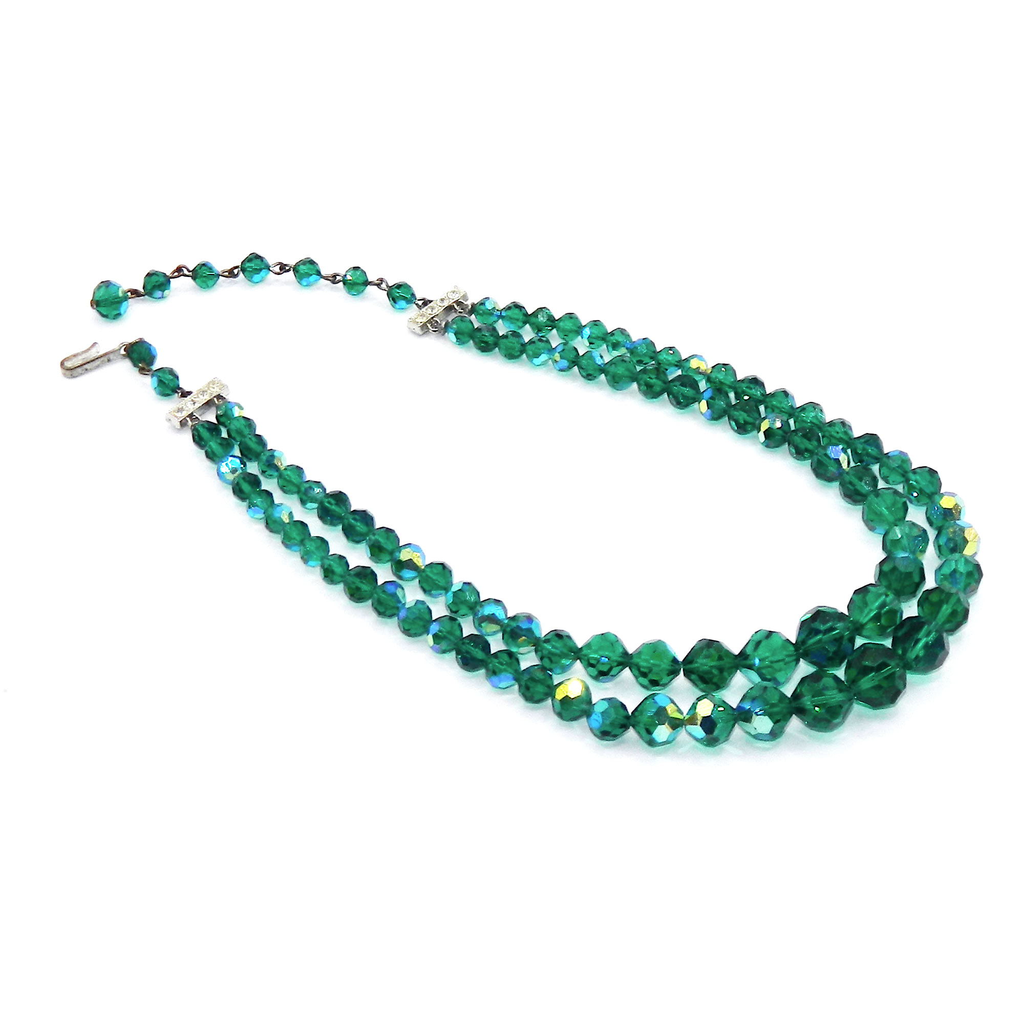 1950s Double Strand Green Aurora Borealis Beaded Necklace