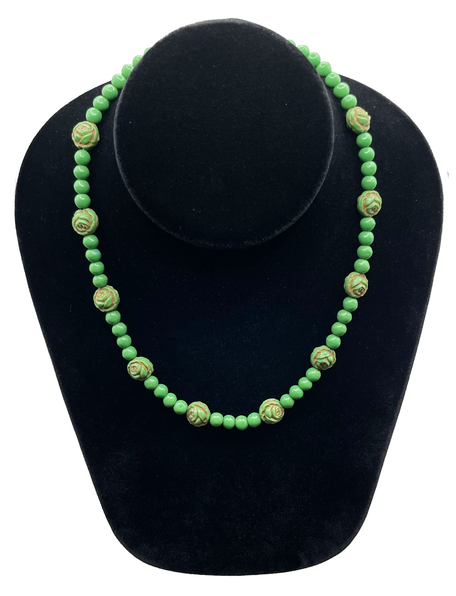 Green glass rose bead necklace