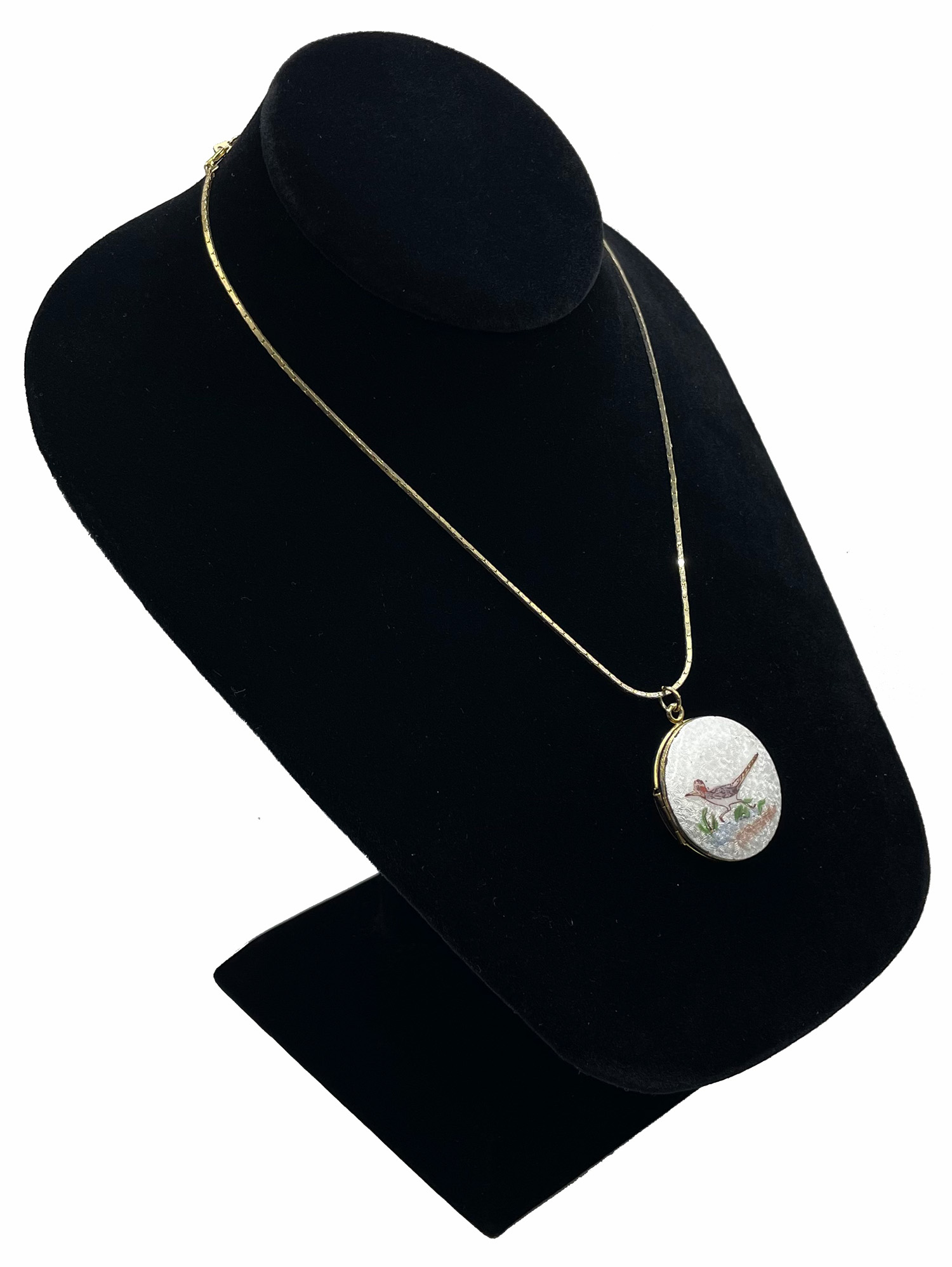 Enameled roadrunner locket pendant necklace