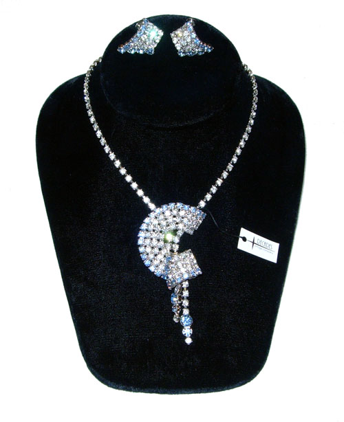 Asymetrical 1950's rhinestone necklace and earring set