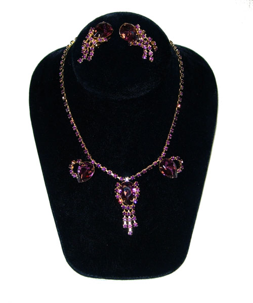 Asymetrical 1950's rhinestone necklace and earring set
