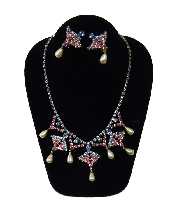 1950's pink and blue rhinestone necklace