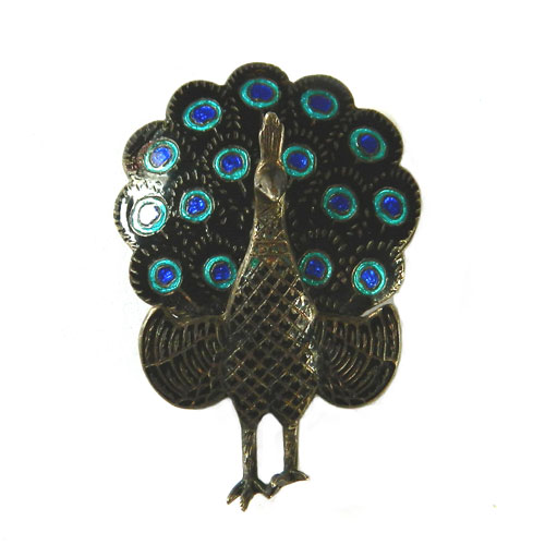 Siam silver enameled peacock brooch
