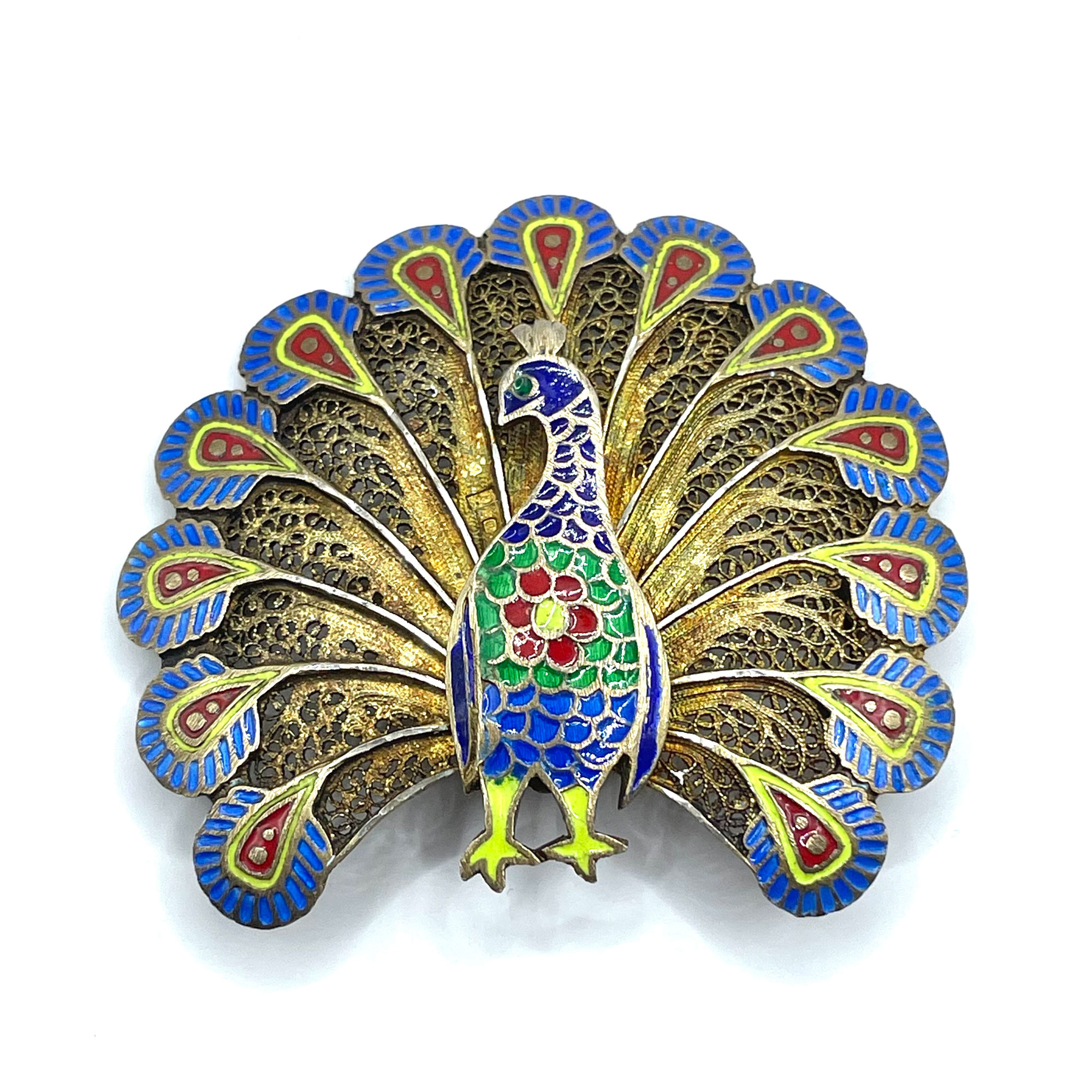 Sterling silver enameled peacock brooch