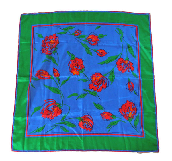 1970's green and blue floral print scarf
