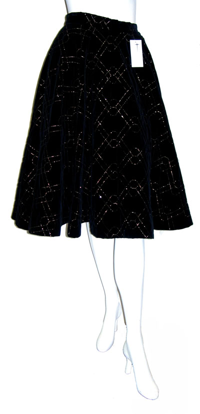 1950's black velveteen quilted skirt with gold stitching