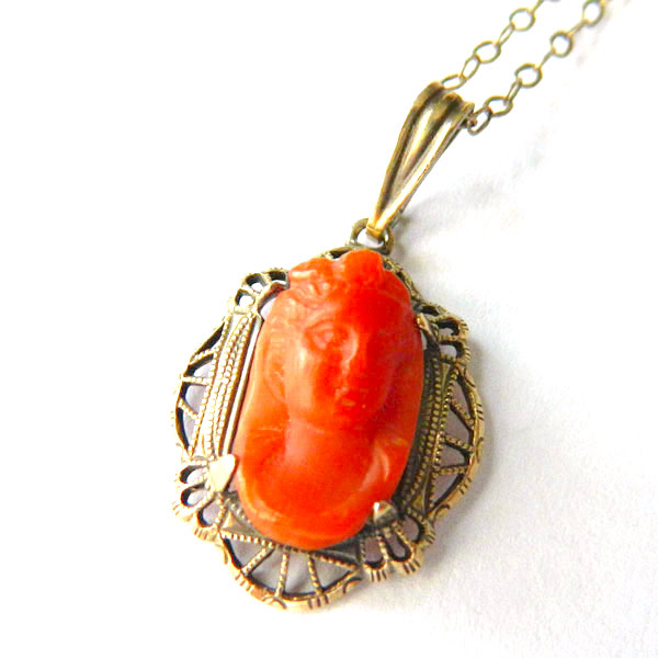 Sterling silver coral cameo necklace