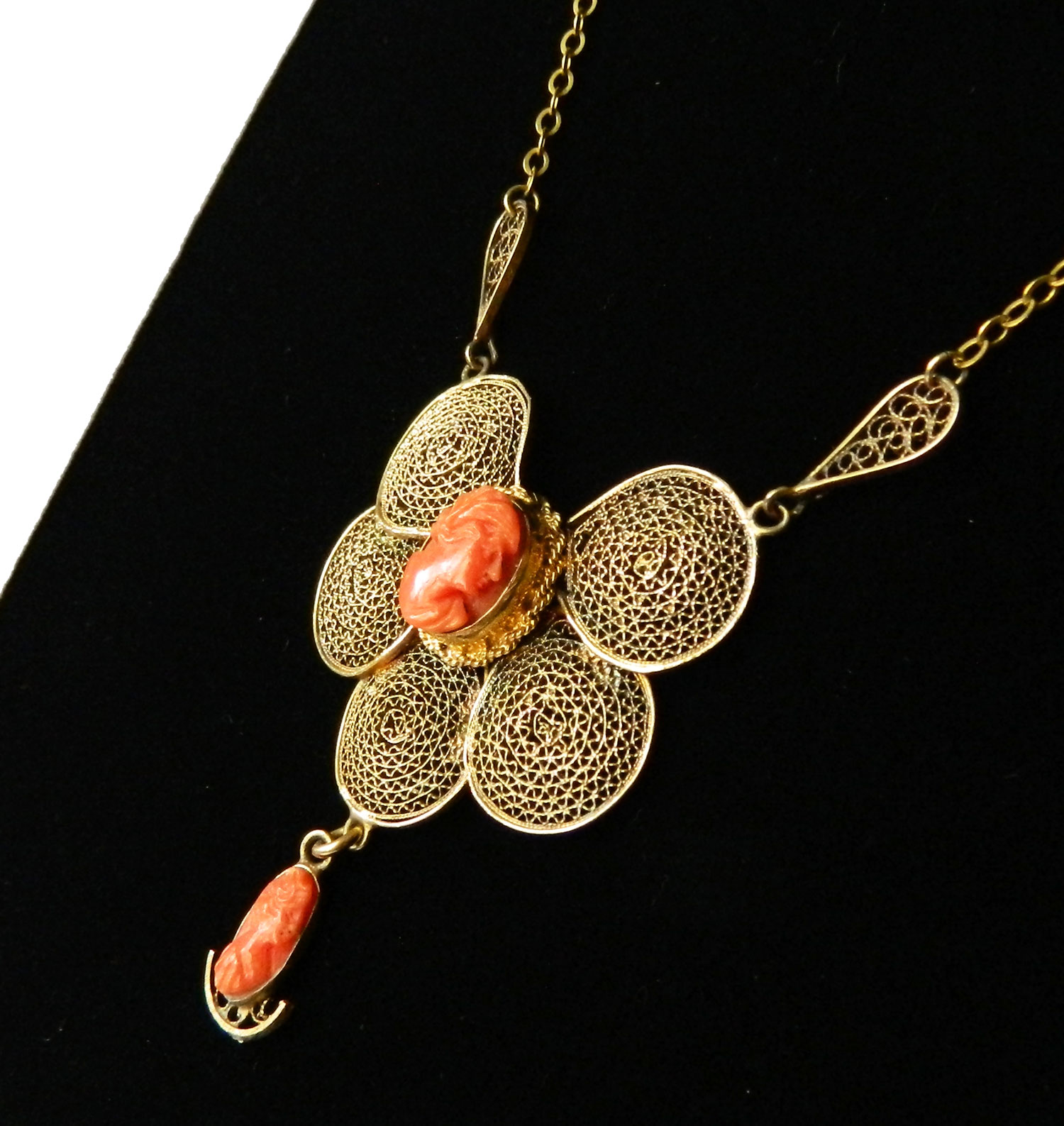 Sterling silver coral cameo necklace