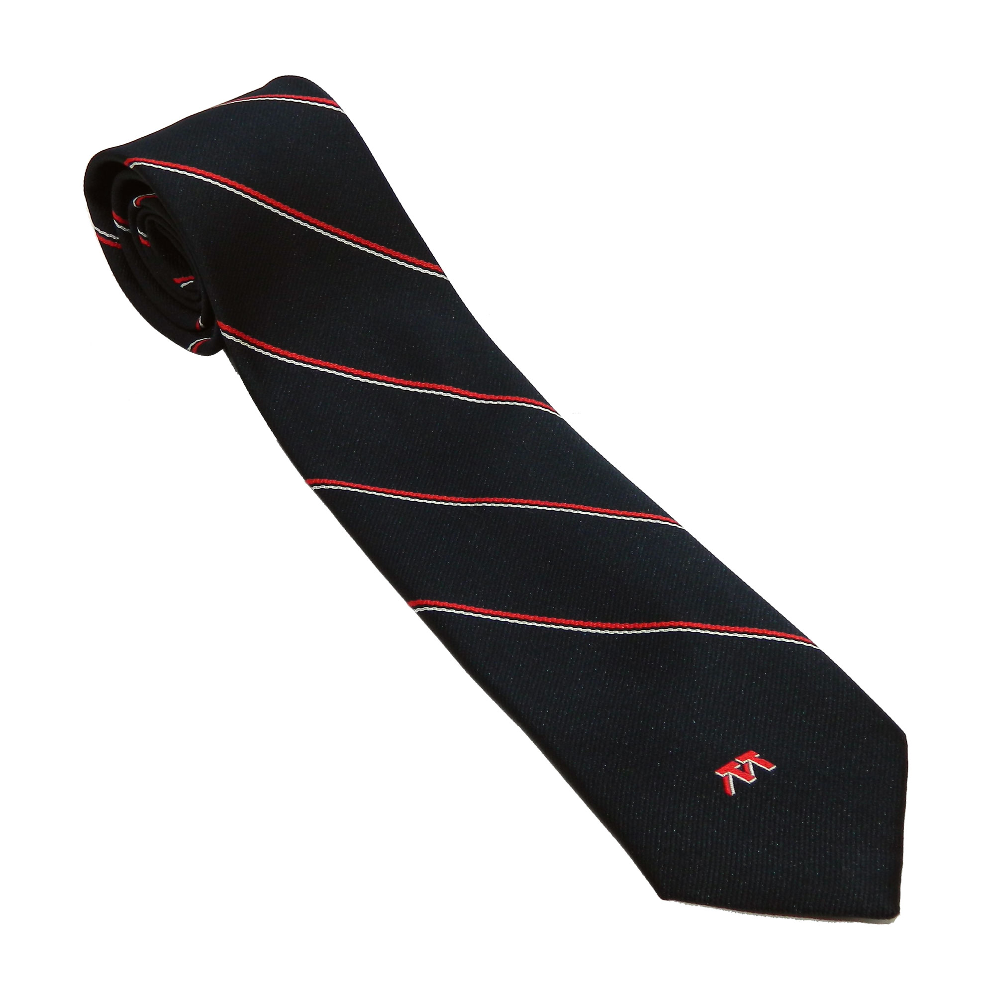 Red white and blue diagonally striped tie
