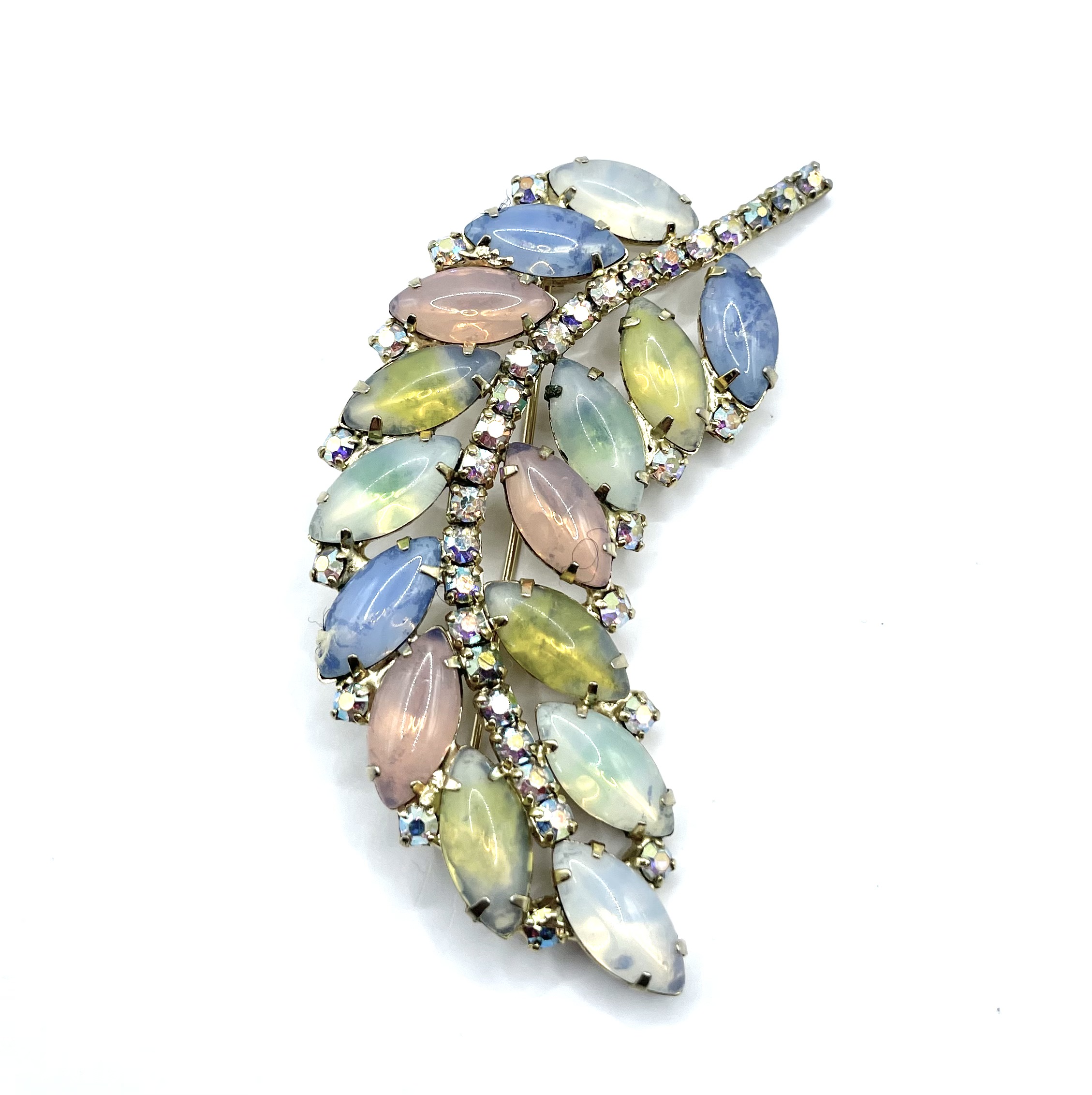1950s rhinestone leaf brooch