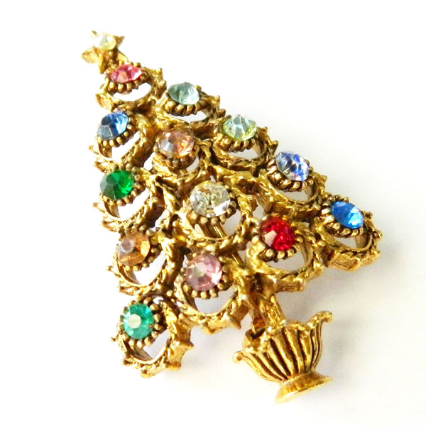 Hollycraft Rhinestone Christmas Tree Brooch