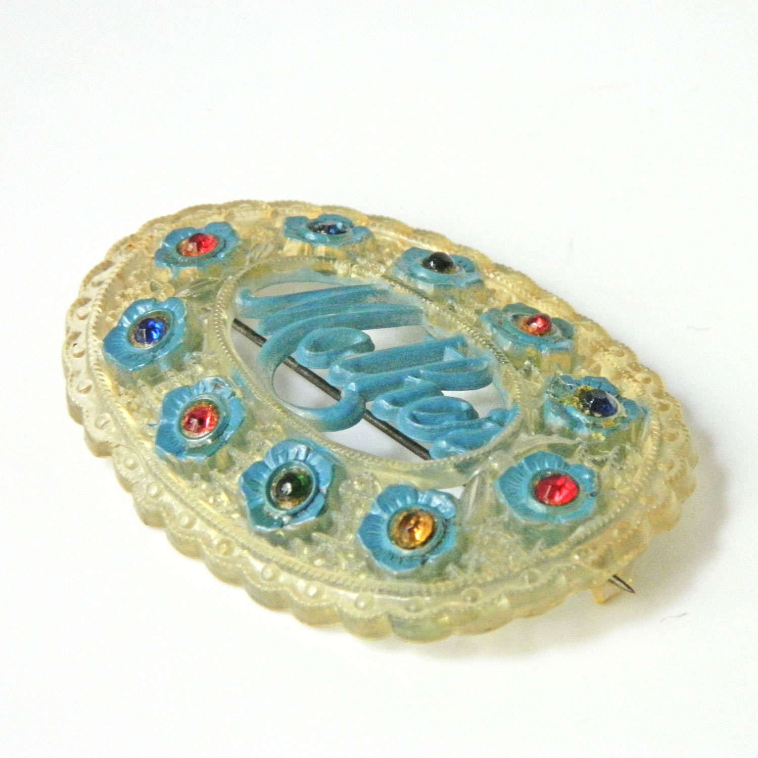 1930s celluloid rhinestone Mothers brooch