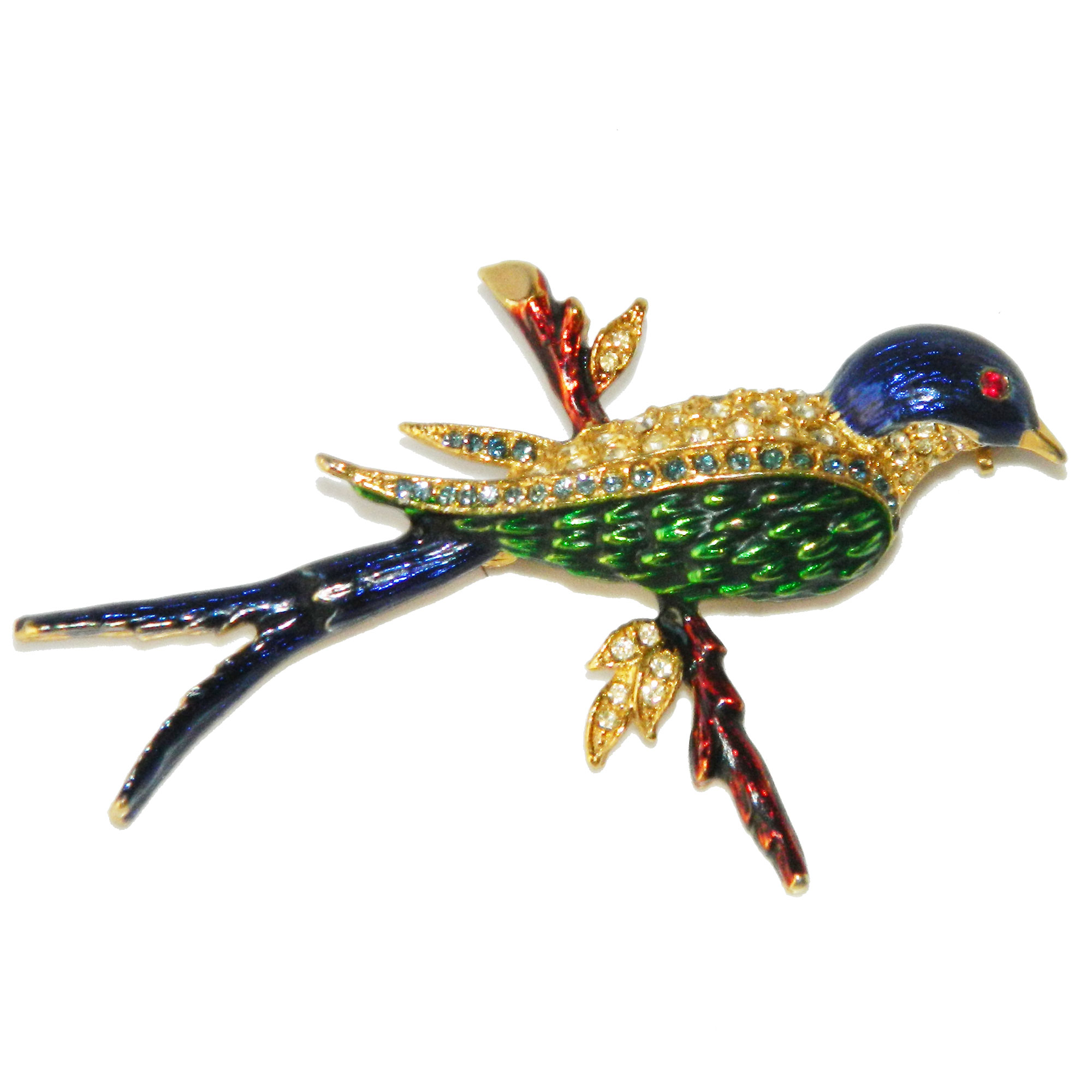 Enameled rhinestone bird brooch
