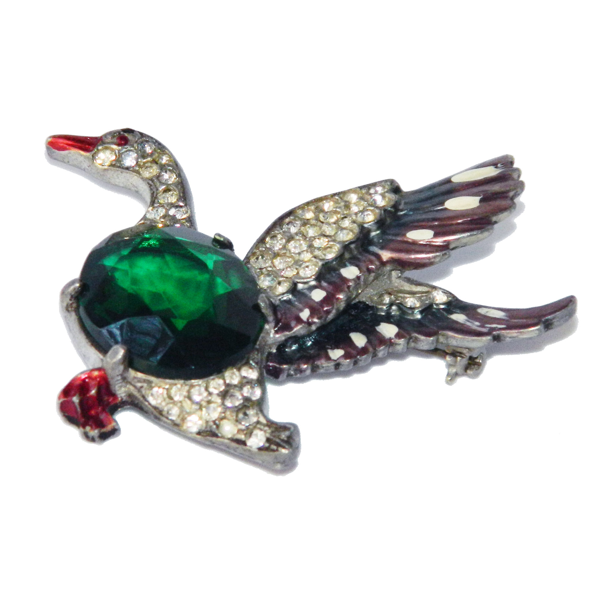 1940s mallard duck rhinestone brooch