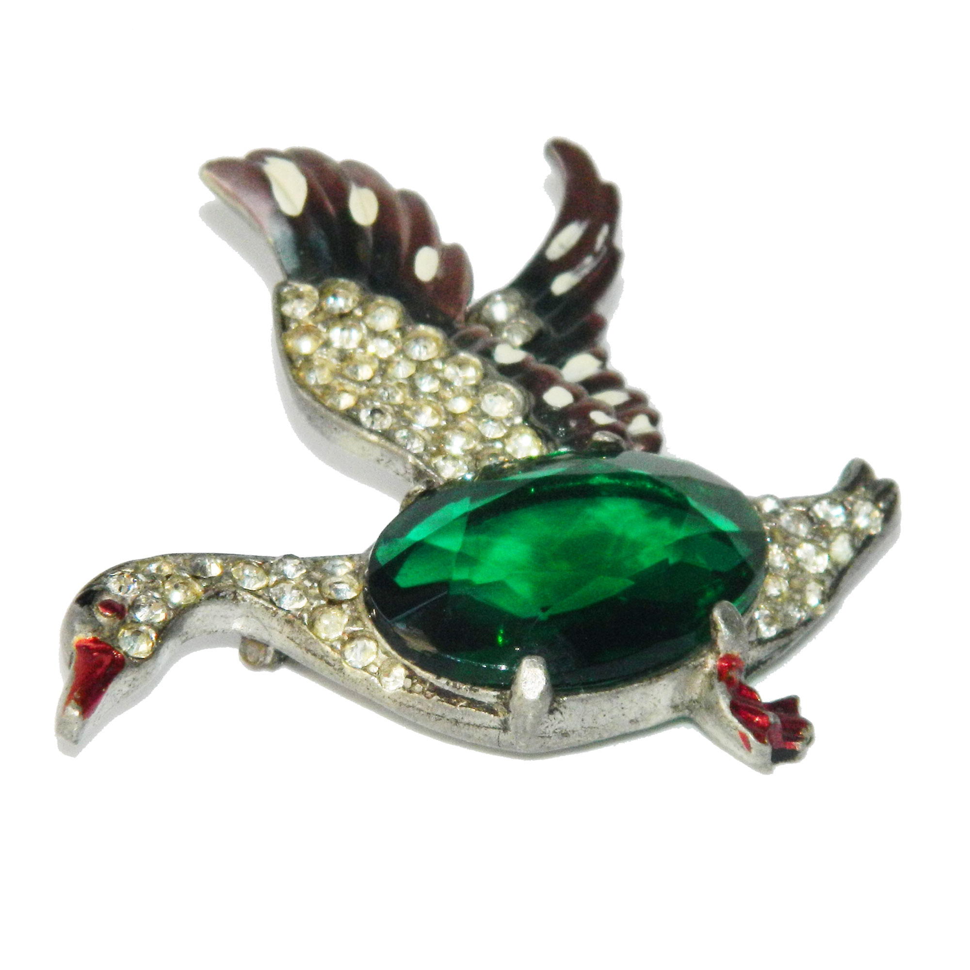 1940s mallard duck rhinestone brooch