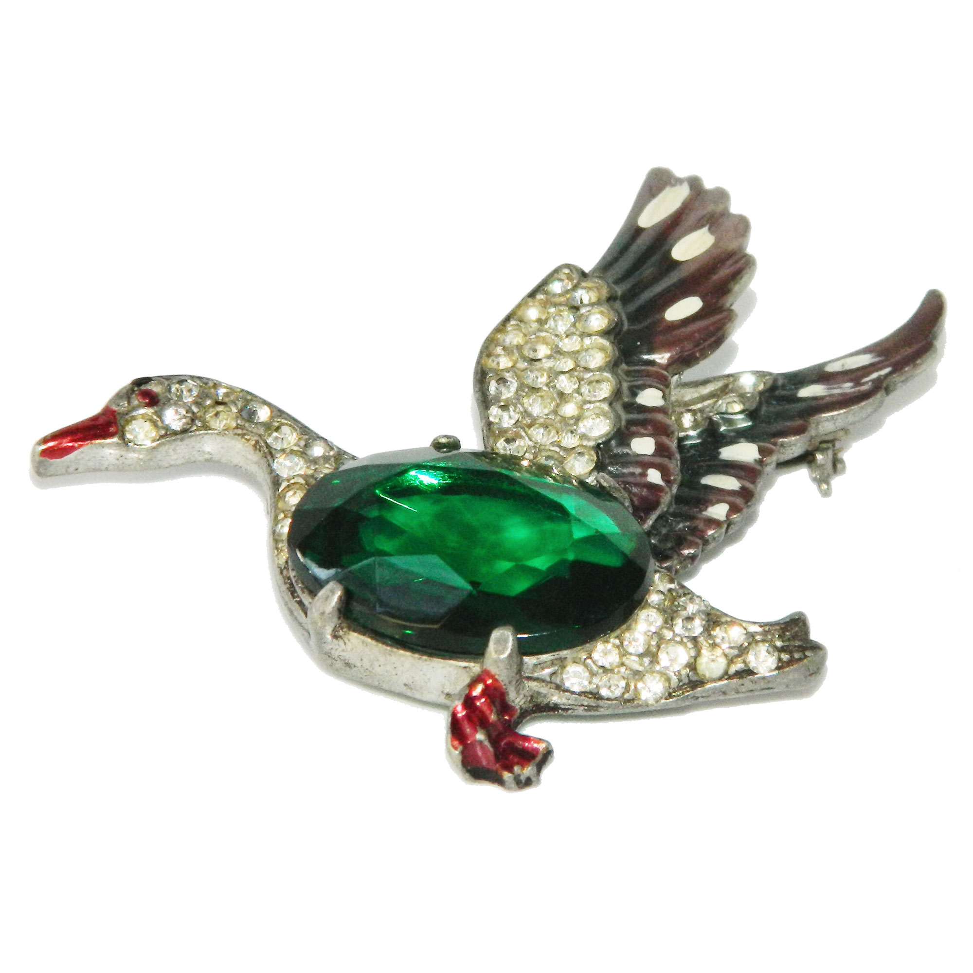 1940s mallard duck rhinestone brooch