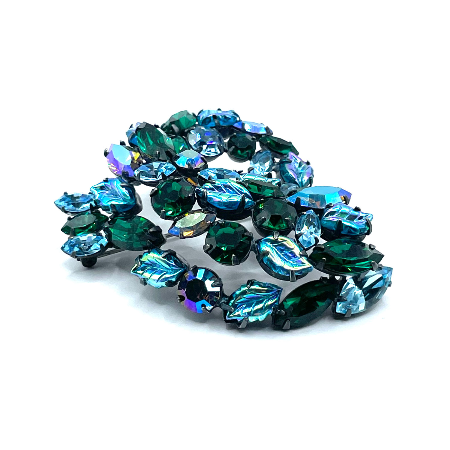 Regency rhinstone leaf brooch