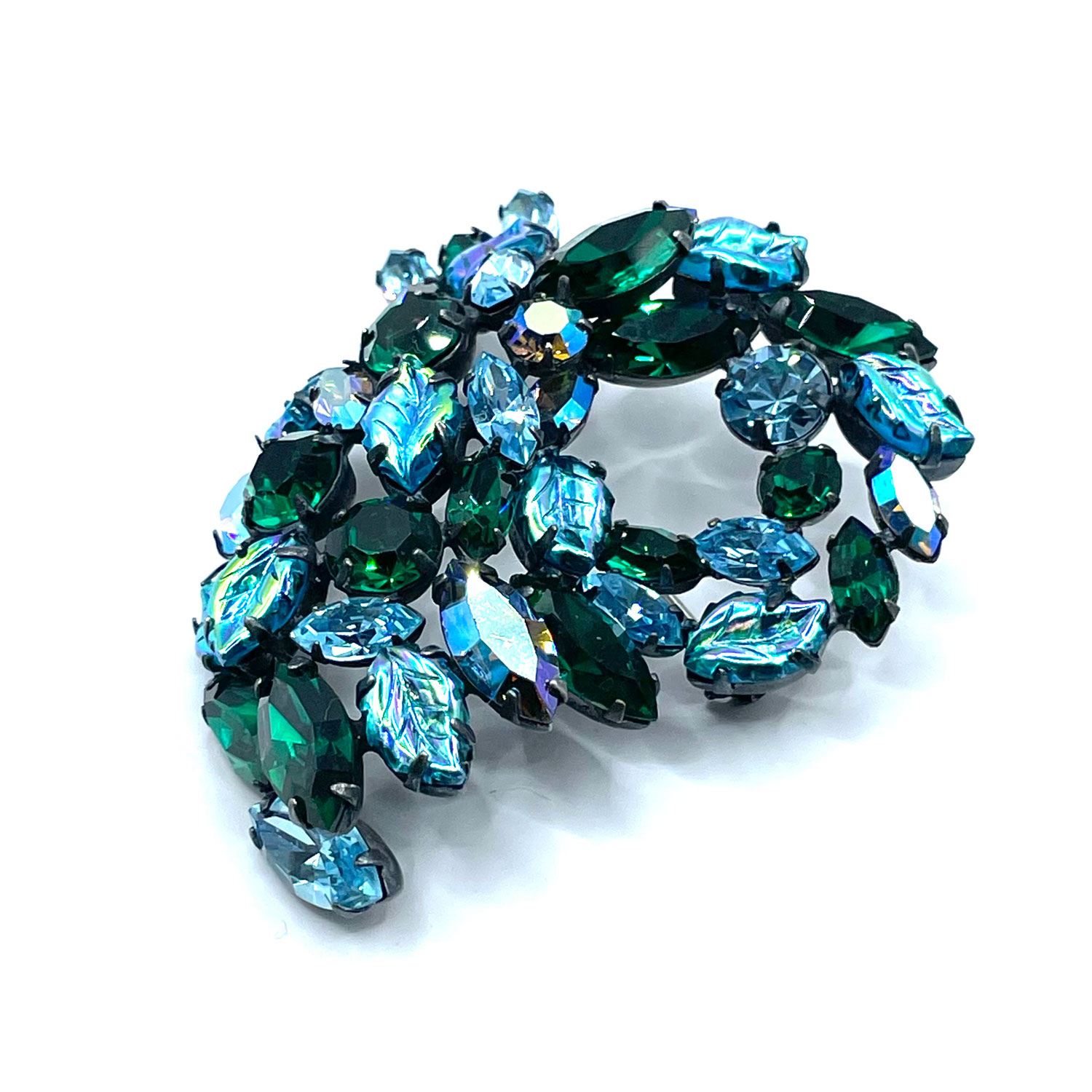 Regency rhinstone leaf brooch