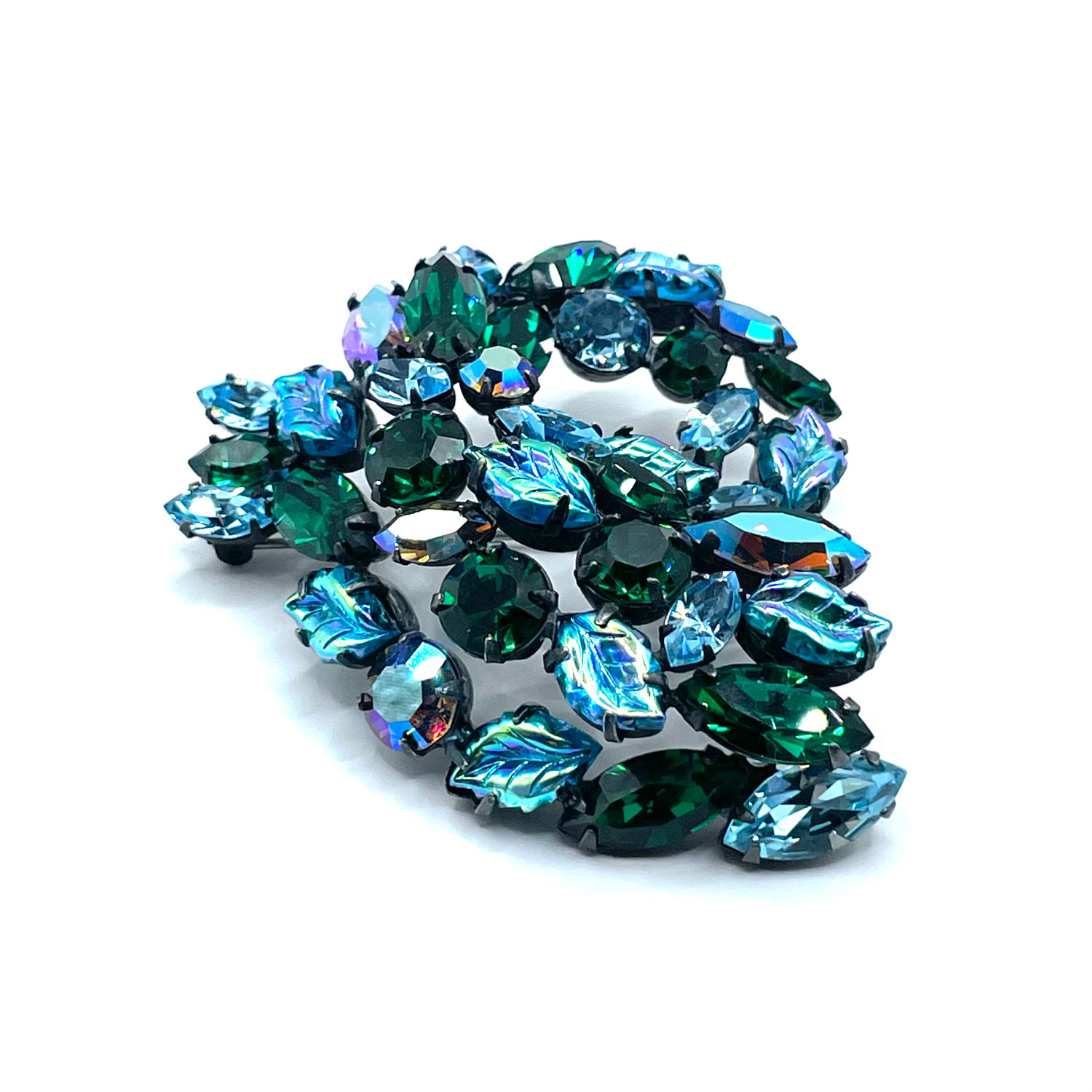 Regency rhinstone leaf brooch