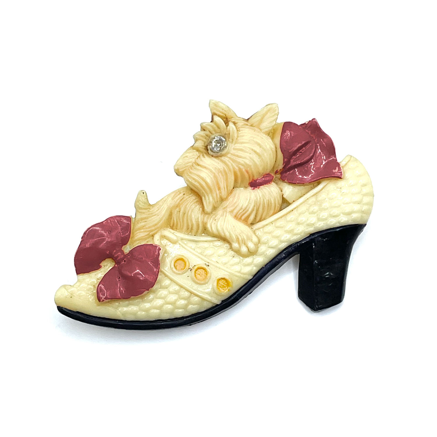 1930s celluloid dog in shoe rhinestone brooch