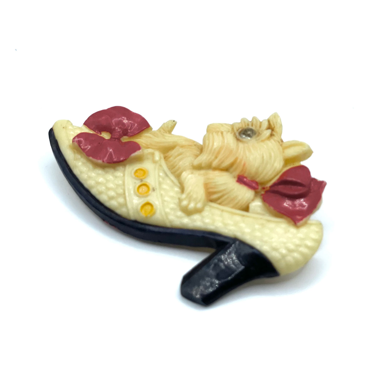 1930s celluloid dog in shoe rhinestone brooch