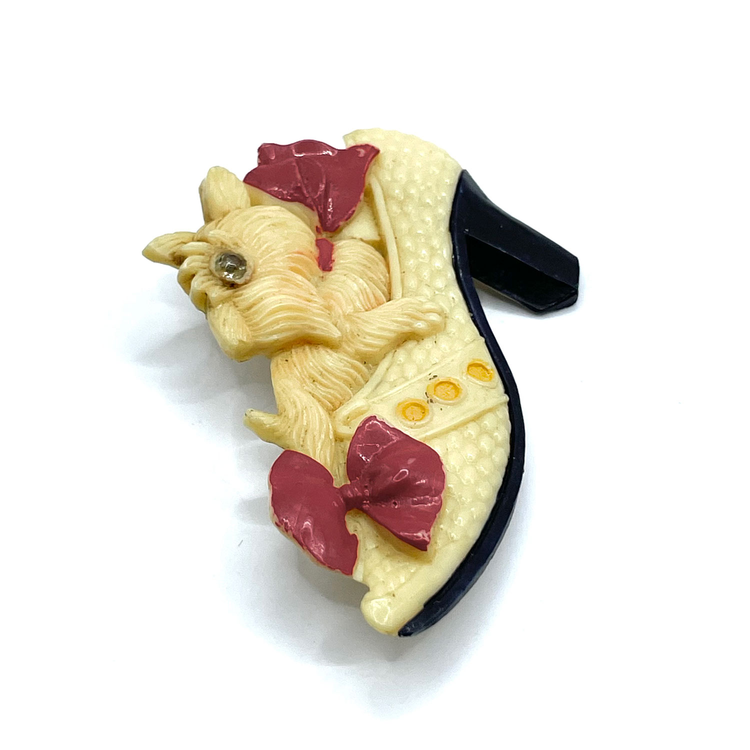 1930s celluloid dog in shoe rhinestone brooch