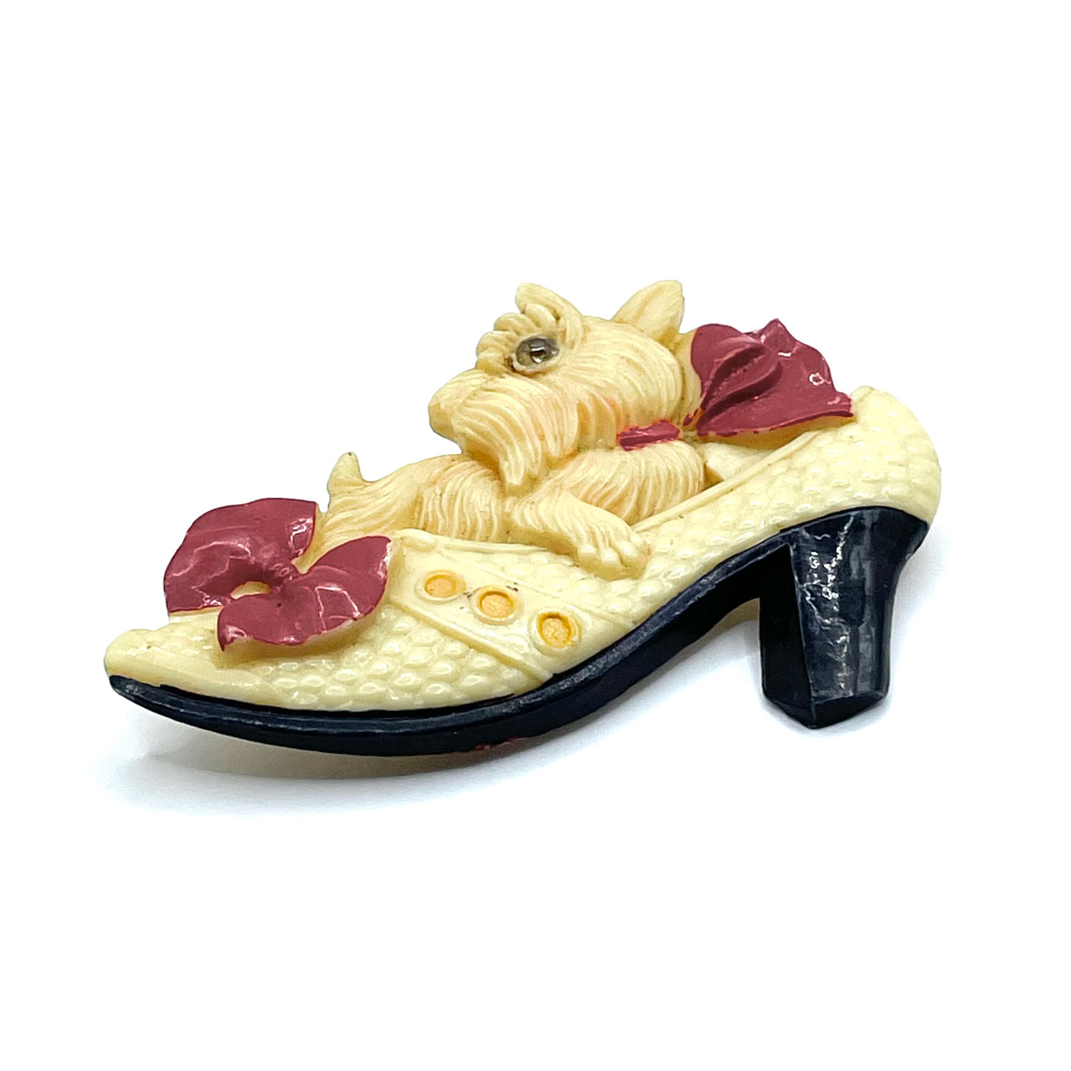 1930s celluloid dog in shoe rhinestone brooch