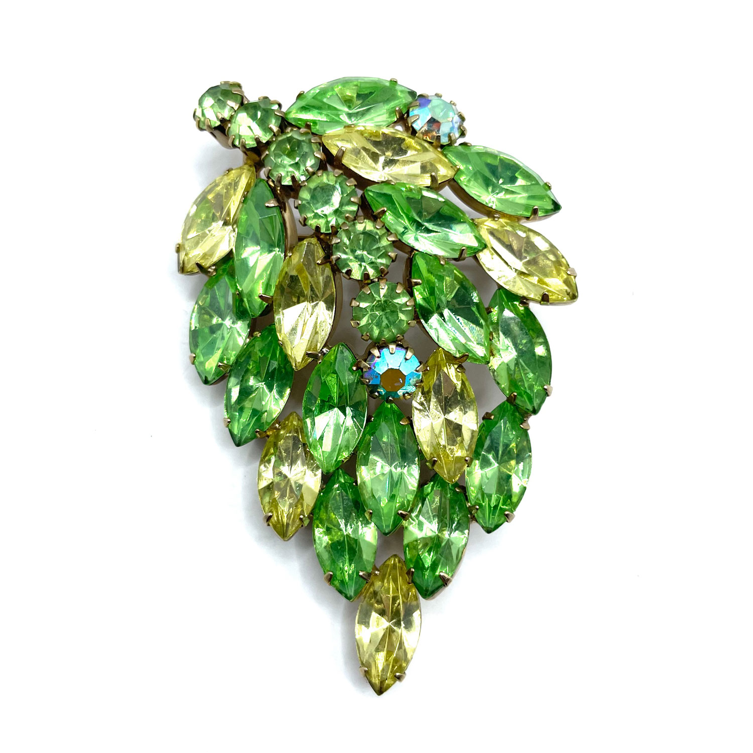 Green and yellow rhinestone brooch