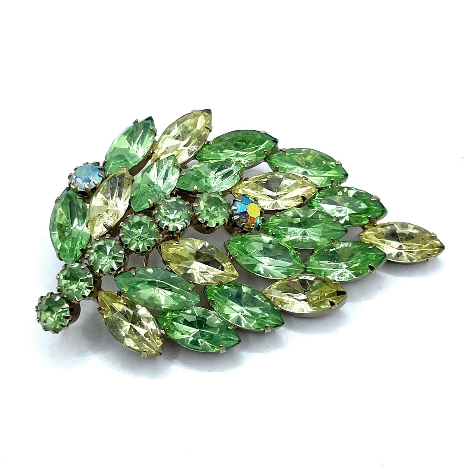Green and yellow rhinestone brooch