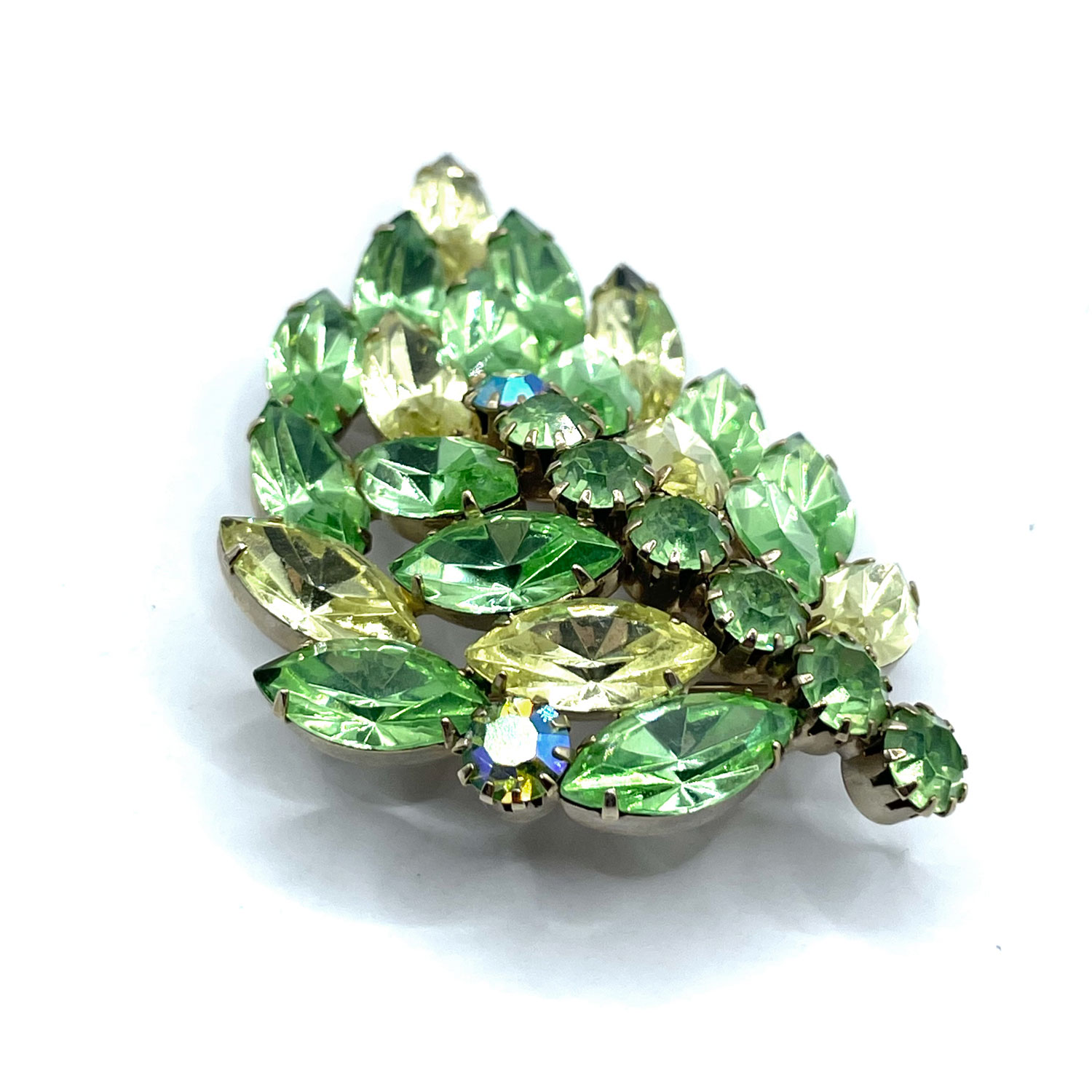 Green and yellow rhinestone brooch