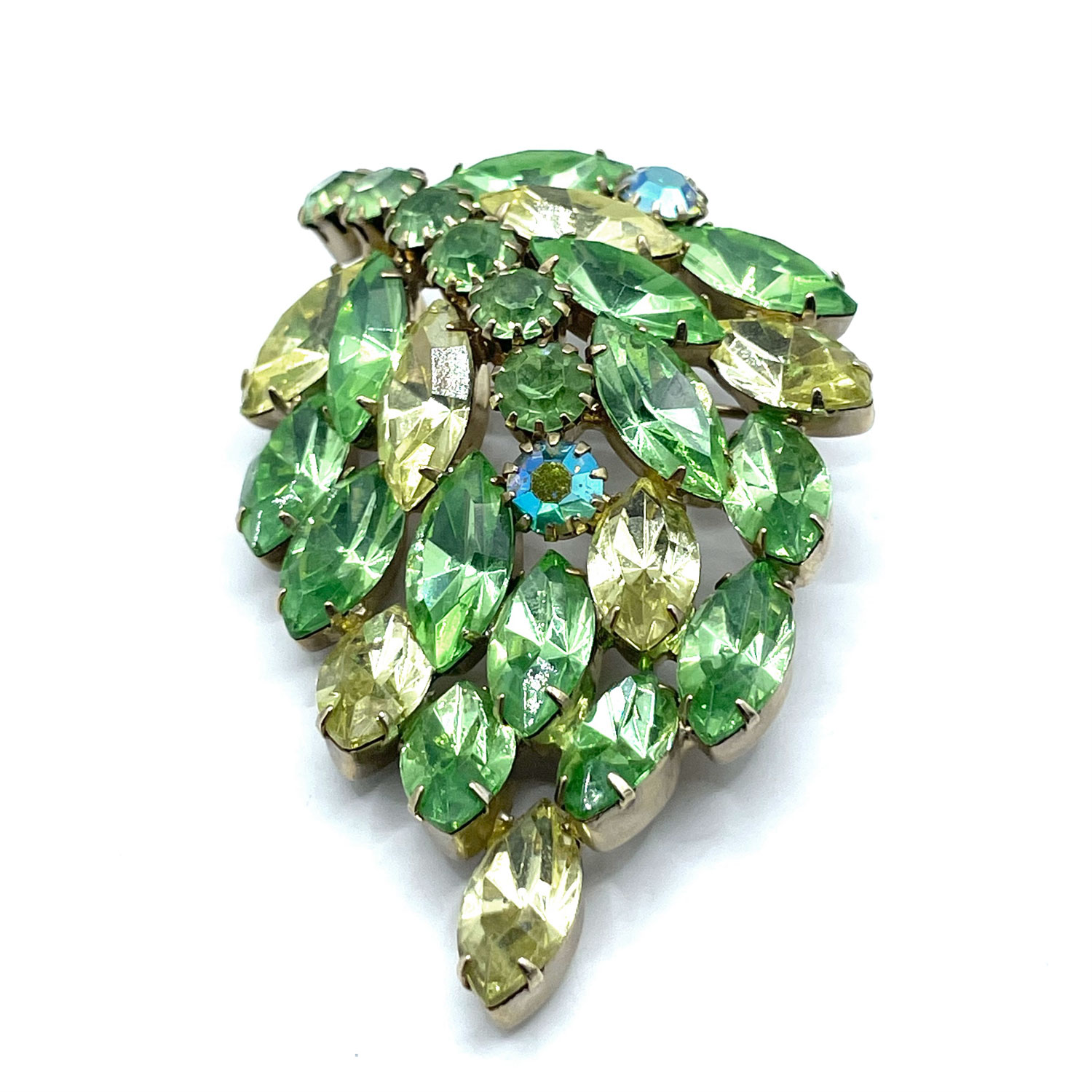 Green and yellow rhinestone brooch